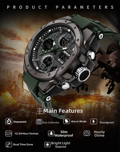 Detailed view of dual-display waterproof sports watch with military army green strap