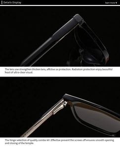Detail display of reinforced sunglasses lens and smooth metal hinge on black round frame