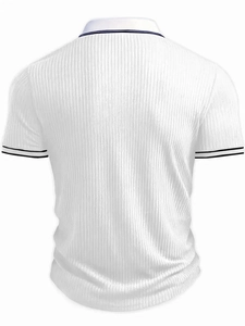 Rear view of white textured knit polo shirt with navy contrast stripes on collar and cuffs