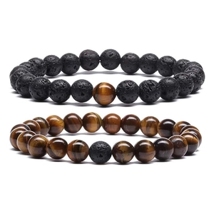 Handmade 8mm tiger eye and black lava stone bead bracelet set for men and women