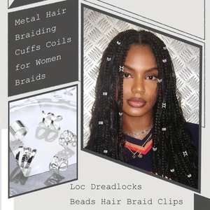 Detailed view of silver hollow hair rings and cuffs used for braiding dreadlocks