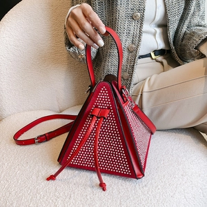Triangle Pyramid Handbag Rhinestone Rivet PU Leather Drawstring Evening Shoulder Bag For Women Chic Elegant
