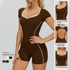 Brown athletic bodysuit for women featuring white contrast piping and an open back design
