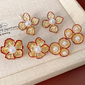 Vintage Flower Artificial Pearl Stud Earrings Copper Zircon Hollow Lace Red Enamel Floral Jewelry For Women With Silver Earring Post