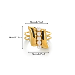 Detailed dimensions of gold-plated textured ring with five pearls and double-row open band