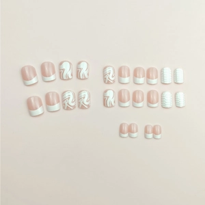 Faux ongles carrés courts blancs style français avec gaufrage 3D ensemble de 24 pièces