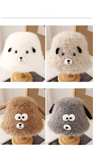Detail of plush lamb bucket hats in white, beige, brown, and grey with cute animal ears