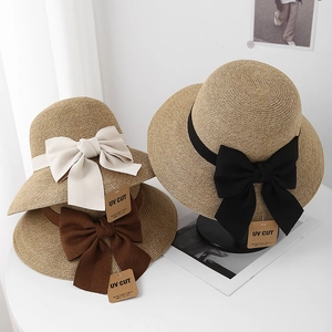 Women Elegant Straw Sun Hat With Large Bow Wide Brim UV Protection Breathable Summer Beach Travel Bucket Hat