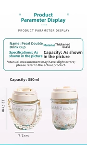Detail of 350ml glass water bottle with floral sleeve and pearl handle strap