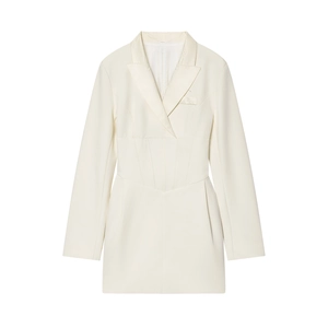 Robe blazer élégante de couleur crème avec taille cintrée en tissu uni minimaliste