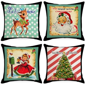 Retro Christmas Linen Pillowcase Square Cushion Cover Santa Claus Elk Print For Sofa Home Decor Holiday Pattern