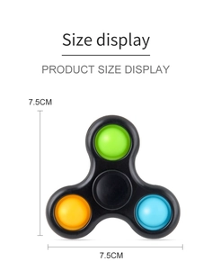 Three-color bubble fidget spinner size chart showing 7.5cm dimensions on white background