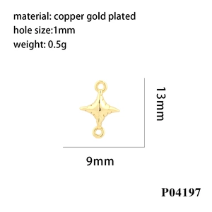 Detail showing dimensions and specifications of gold-plated copper cross charm for DIY jewelry