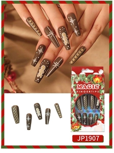Brown matte Christmas press-on nails featuring snowflakes, gingerbread man, and gold hearts