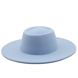Close-up of light blue wool felt fedora hat showing textured fabric and wide brim finish