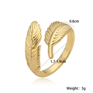 Minimalist 18K gold plated feather ring with adjustable open design and size dimensions