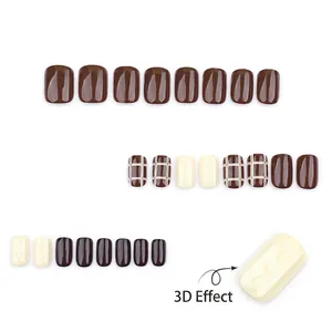 Short square press-on nails in deep brown and beige with 3D plaid texture designs