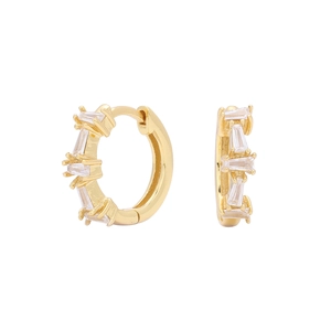 Close-up of gold-plated hoop earrings with rectangular white zircon stones