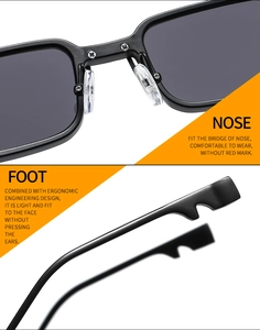Detail of ergonomic nose pads and anti-slip temple tips on square metal sunglasses