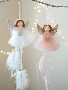 Detailed close-up of handmade angel ornaments with lace wings and soft feather accents