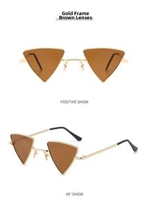 Detailed views of gold metal frame sunglasses with brown triangular lenses from two angles
