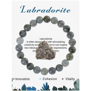 Detail of natural blue labradorite beaded bracelet with raw gemstone and healing properties