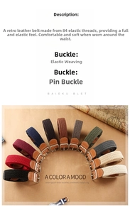 Detail showing various colors of elastic woven belts with vintage metal buckles