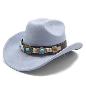Light blue faux suede cowboy hat with turquoise and leather woven band in a front view