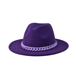 Close-up of deep purple wide brim fedora hat with a matching matte link chain band
