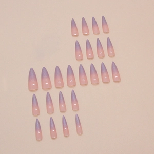 Purple gradient almond press-on nails with fine glitter finish in a 24-piece set