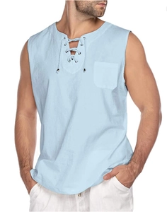 Detailed view of men's light blue cotton linen vest with lace-up collar and chest pocket
