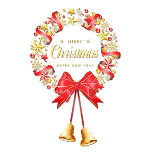 Christmas wreath static window sticker with red bow, gold bells and holiday greeting