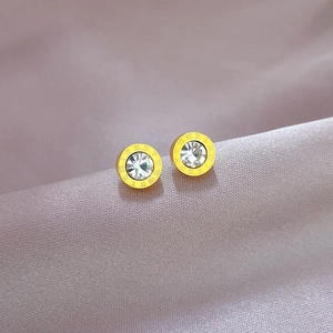 Minimalist gold titanium earrings with Roman numerals and sparkling round zircon stone