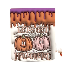 3D Spooky Halloween Pumpkin Ceramic Mug with Let's Get Halloweird text and spider web design