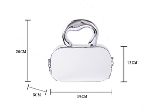 Detailed dimension guide for silver metallic handbag: 19cm length and 12cm body height