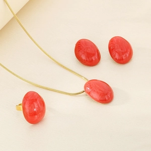 Chic gold titanium steel jewelry set with red enamel oval pendants for women