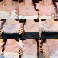 Collage of pearl and butterfly necklaces showcasing different styles and pendant designs