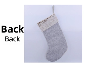 Detailed back view of a gray felt Christmas stocking with a white plush cuff and loop