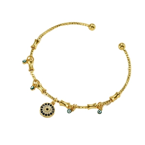 Adjustable golden evil eye open cuff bracelet with blue zircon charms and round center pendant