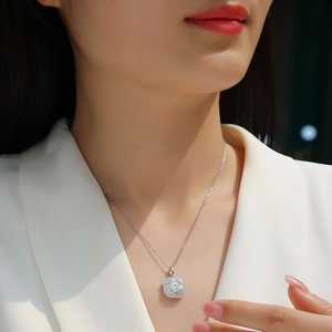 Elegant S925 sterling silver square halo necklace with moissanite pendant on a model