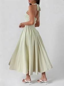 Elegant halter neck backless pleated long dress in light green for evening wear