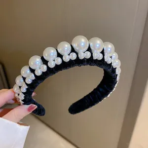 French vintage black velvet headband with elegant pearls for high cranial top hairstyle