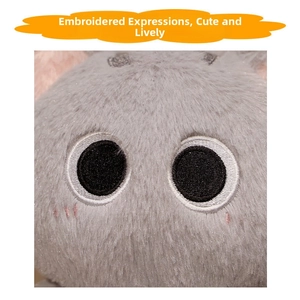Macro detail of cute cat plush embroidery with vivid expression and gray fluffy texture