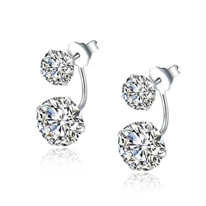 Elegant S925 sterling silver stud earrings with double cubic zirconia stones on white background