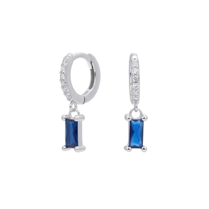 Detail view of S925 silver hoop earrings featuring rectangular blue zircon drops