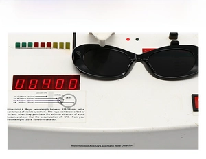 Sunglasses UV400 test showing professional protection against ultraviolet rays on the lens