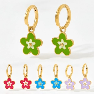 Floral enamel hoop earrings in green pink blue and purple colors on a white background
