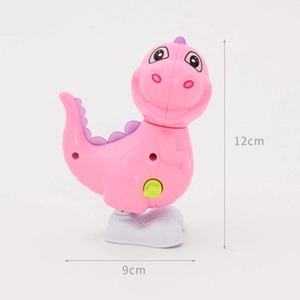 Pink cartoon dinosaur wind-up toy made of plastic with side knob measuring 12x9cm