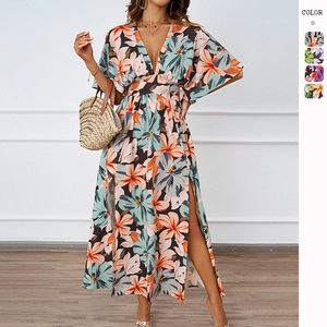 Floral Print Maxi Kleid Damen V-Ausschnitt Kurzarm Elastische Taille Seitenschlitz Sommer Strand Urlaub Böhmisch Polyester Langes Kleid