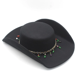 Black western felt cowboy hat featuring a boheme patterned band and colorful bead charms